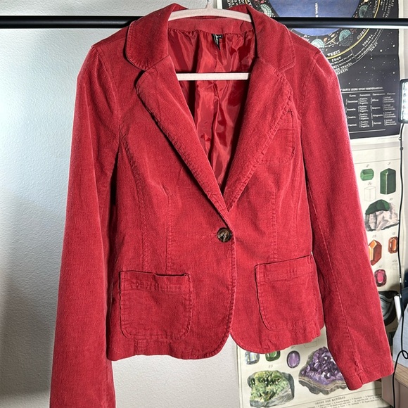 Rust Red Corduroy Blazer with Front Button and Buttons on Sleeve | Ambition SZ M - Picture 3 of 7